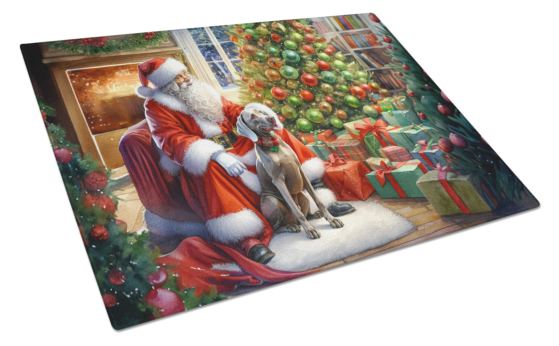 Weimaraner and Santa Claus Cutting Board Tempered Glass Kitchen Cutting Surface, Heat Resistant Chopping, Non-Slip Feet, Food Prep & Serving