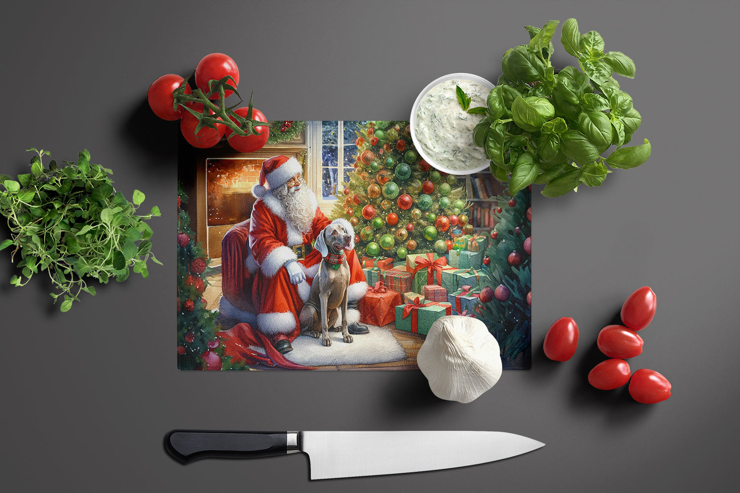 Weimaraner and Santa Claus Cutting Board Tempered Glass Kitchen Cutting Surface, Heat Resistant Chopping, Non-Slip Feet, Food Prep & Serving