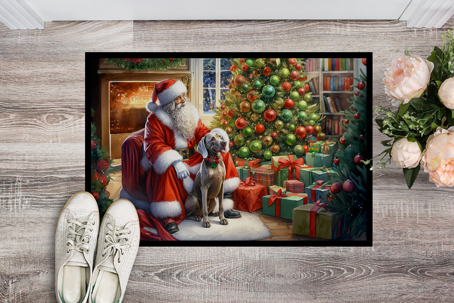 Weimaraner and Santa Claus Doormat Indoor Outdoor 18H X 27W Front Door Mat Rugs for Entryway, Non Slip Washable