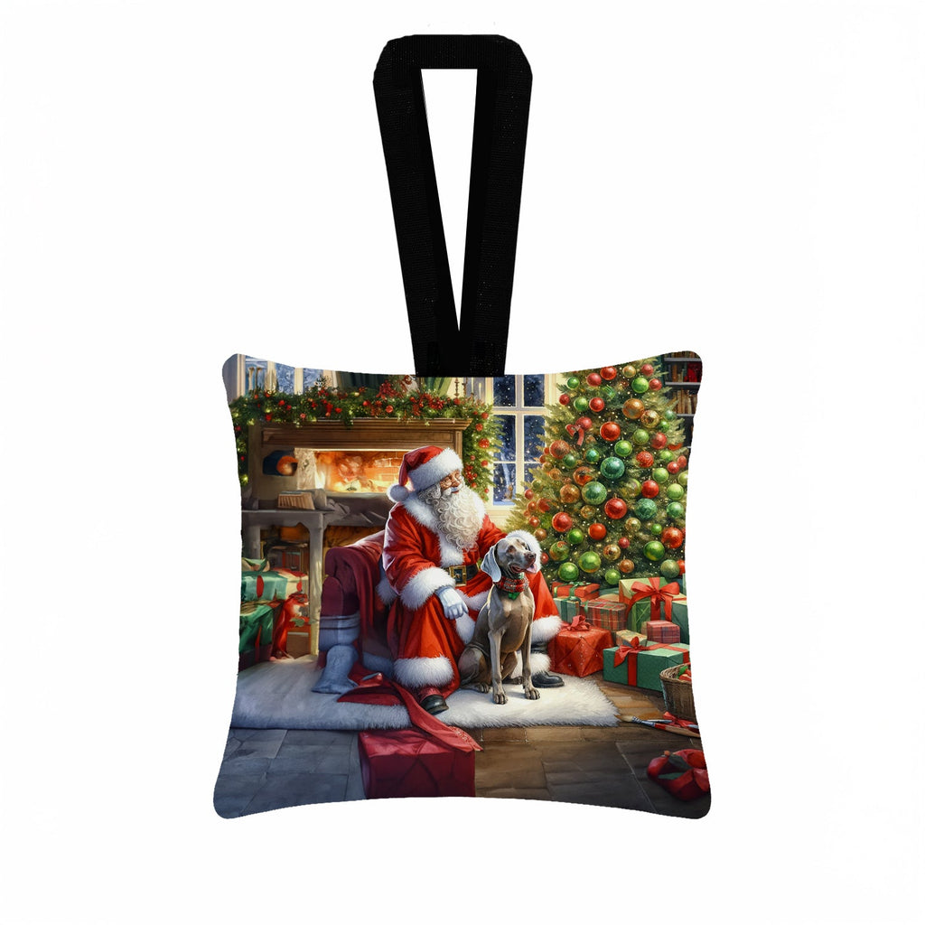 Weimaraner and Santa Claus Hanging Square Fabric Ornament 3.5 × 3.5 Decorative Door-Knob & Tree Hanger, Soft Fabric