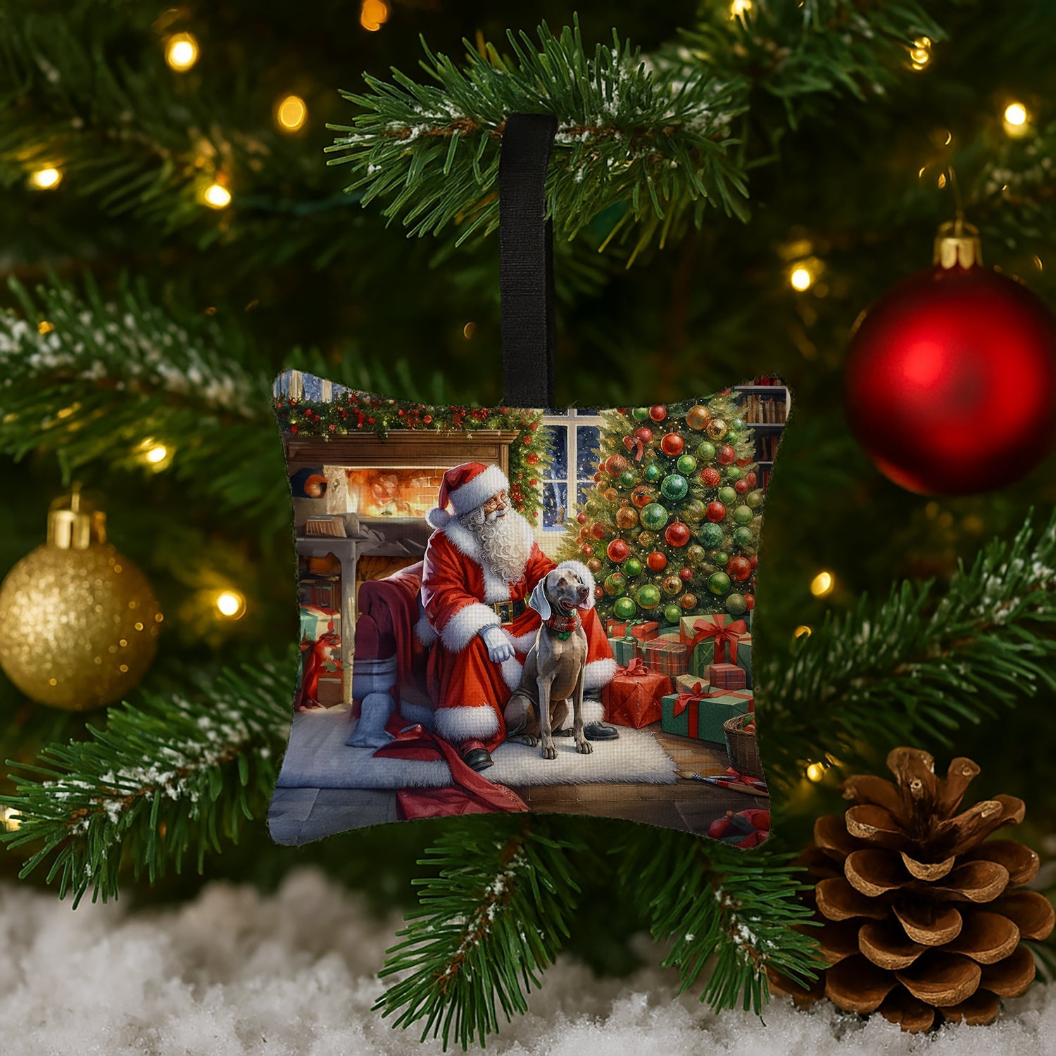 Weimaraner and Santa Claus Hanging Square Fabric Ornament 3.5 × 3.5 Decorative Door-Knob & Tree Hanger, Soft Fabric