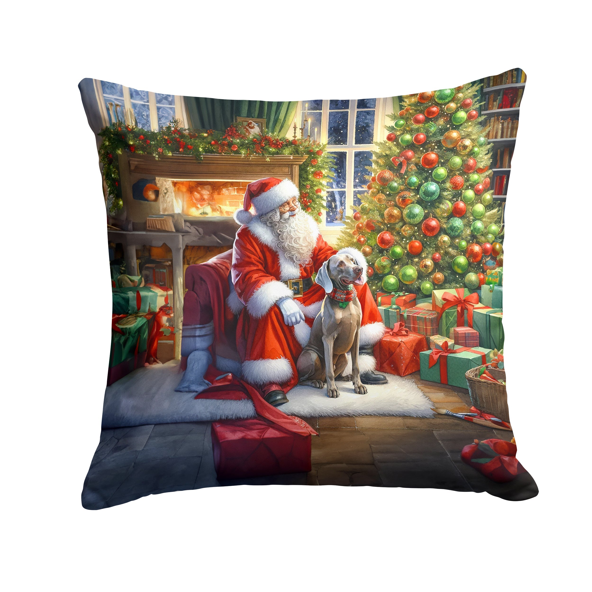 Weimaraner and Santa Claus Decorative Throw Pillow 14x14 Indoor Outdoor Accent Cushion, Fabric Cover with Insert for Sofa, Bed, Porch & Living Room