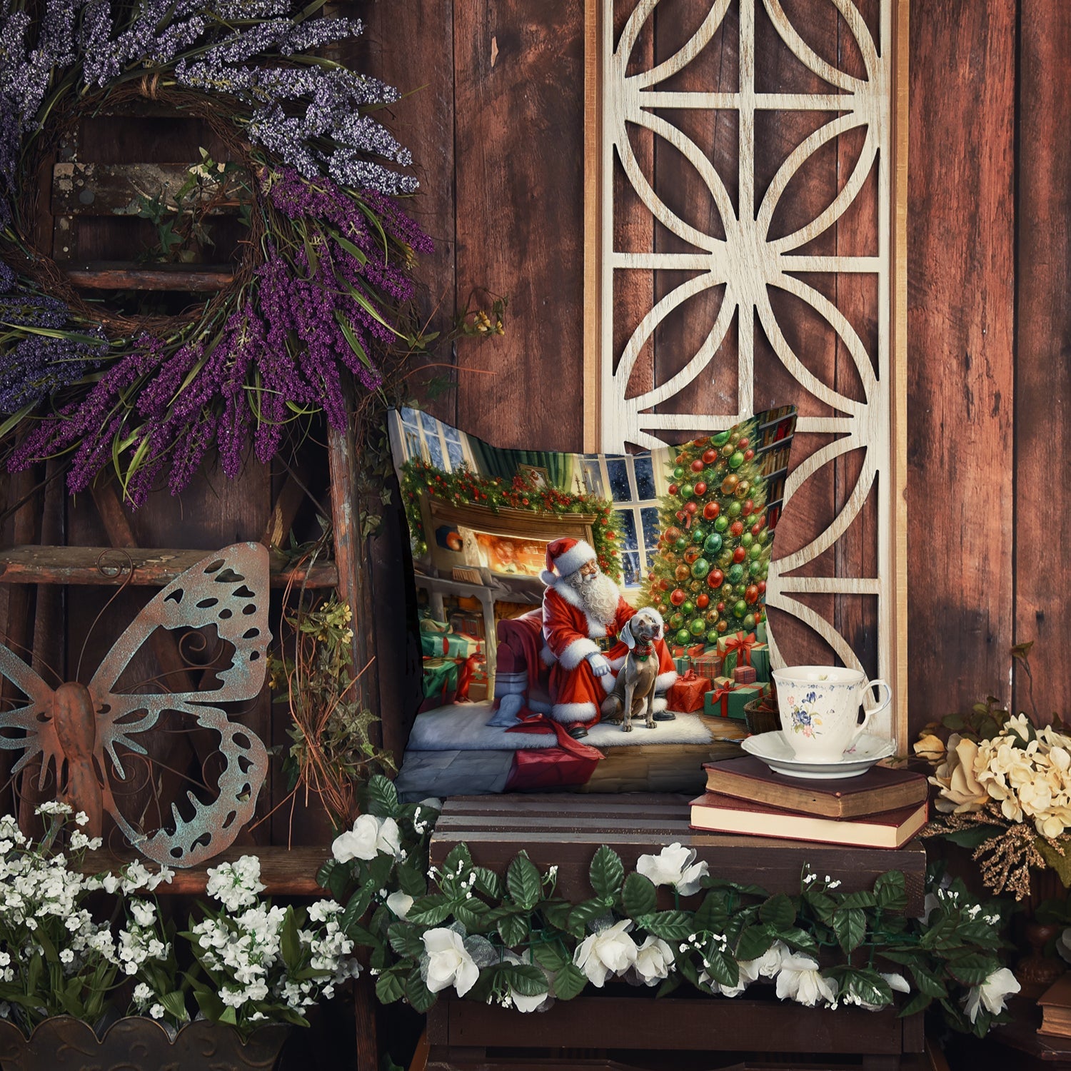 Weimaraner and Santa Claus Decorative Throw Pillow 14x14 Indoor Outdoor Accent Cushion, Fabric Cover with Insert for Sofa, Bed, Porch & Living Room