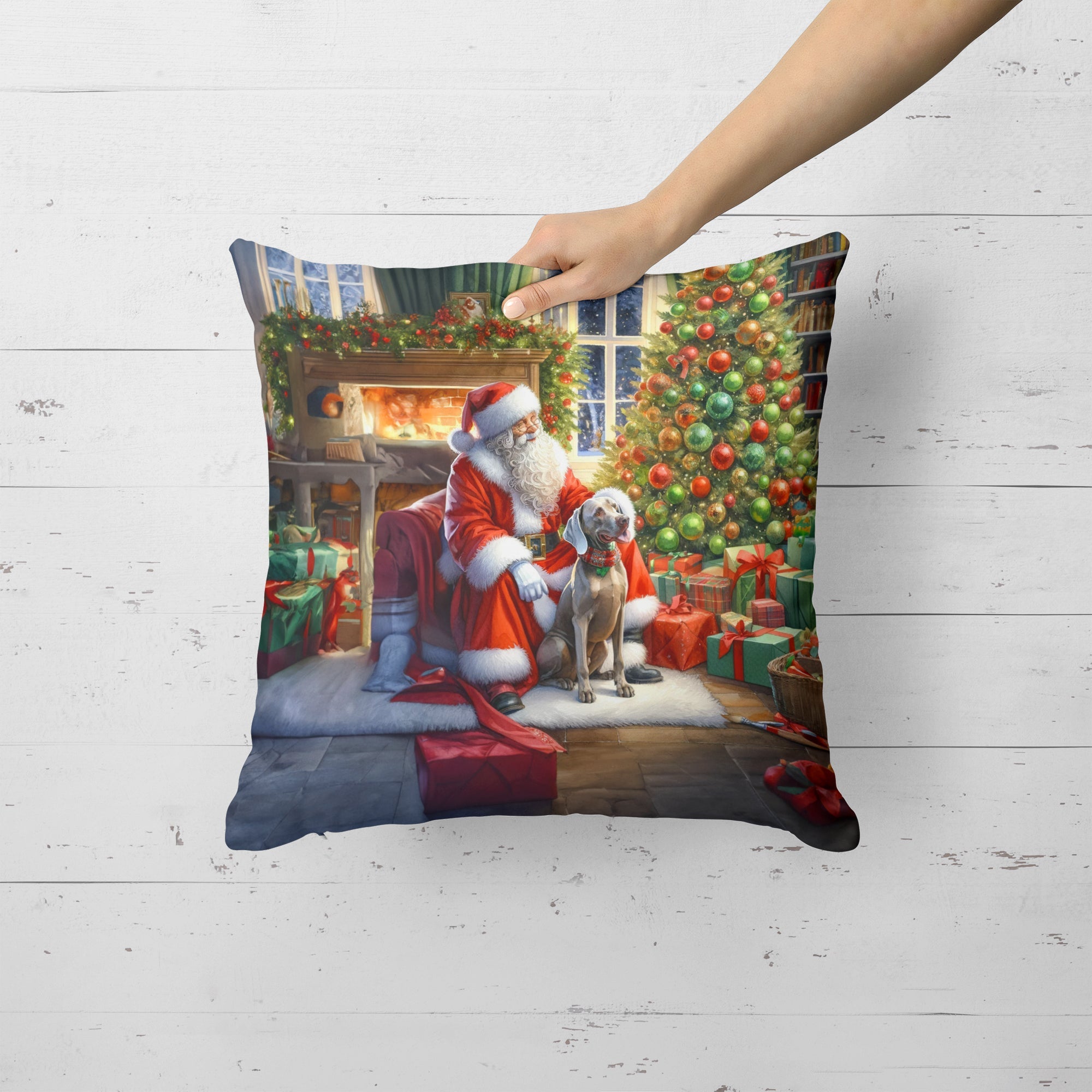 Weimaraner and Santa Claus Decorative Throw Pillow 18x18 Indoor Outdoor Accent Cushion, Fabric Cover with Insert for Sofa, Bed, Porch & Living Room