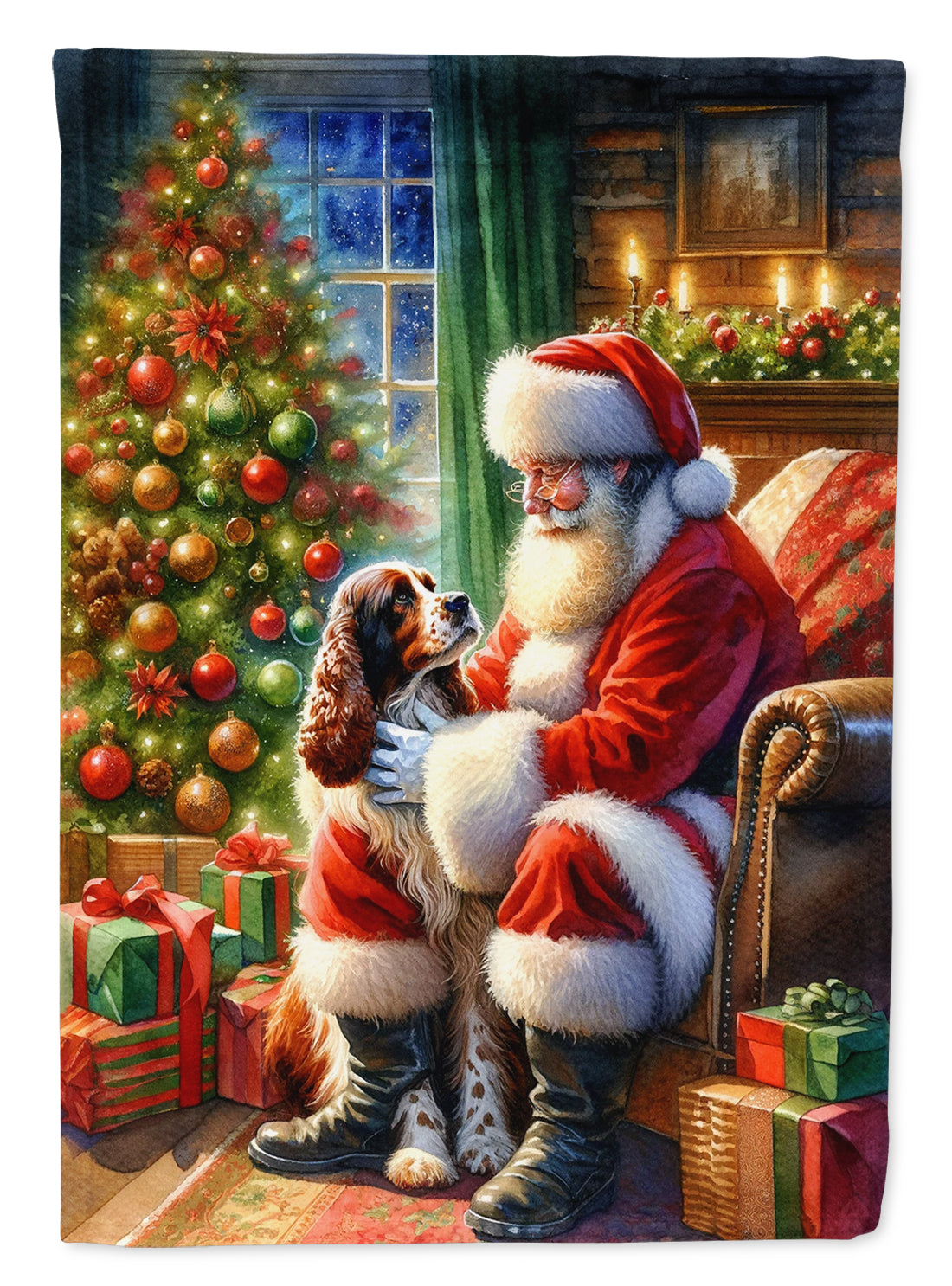 Welsh Springer Spaniel and Santa Claus House Flag 28x40 Porch Sleeve Pole Decorative Outside Yard Banner Artwork Wall Hanging, Polyester