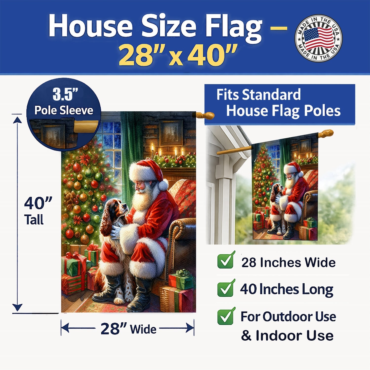 Welsh Springer Spaniel and Santa Claus House Flag 28x40 Porch Sleeve Pole Decorative Outside Yard Banner Artwork Wall Hanging, Polyester