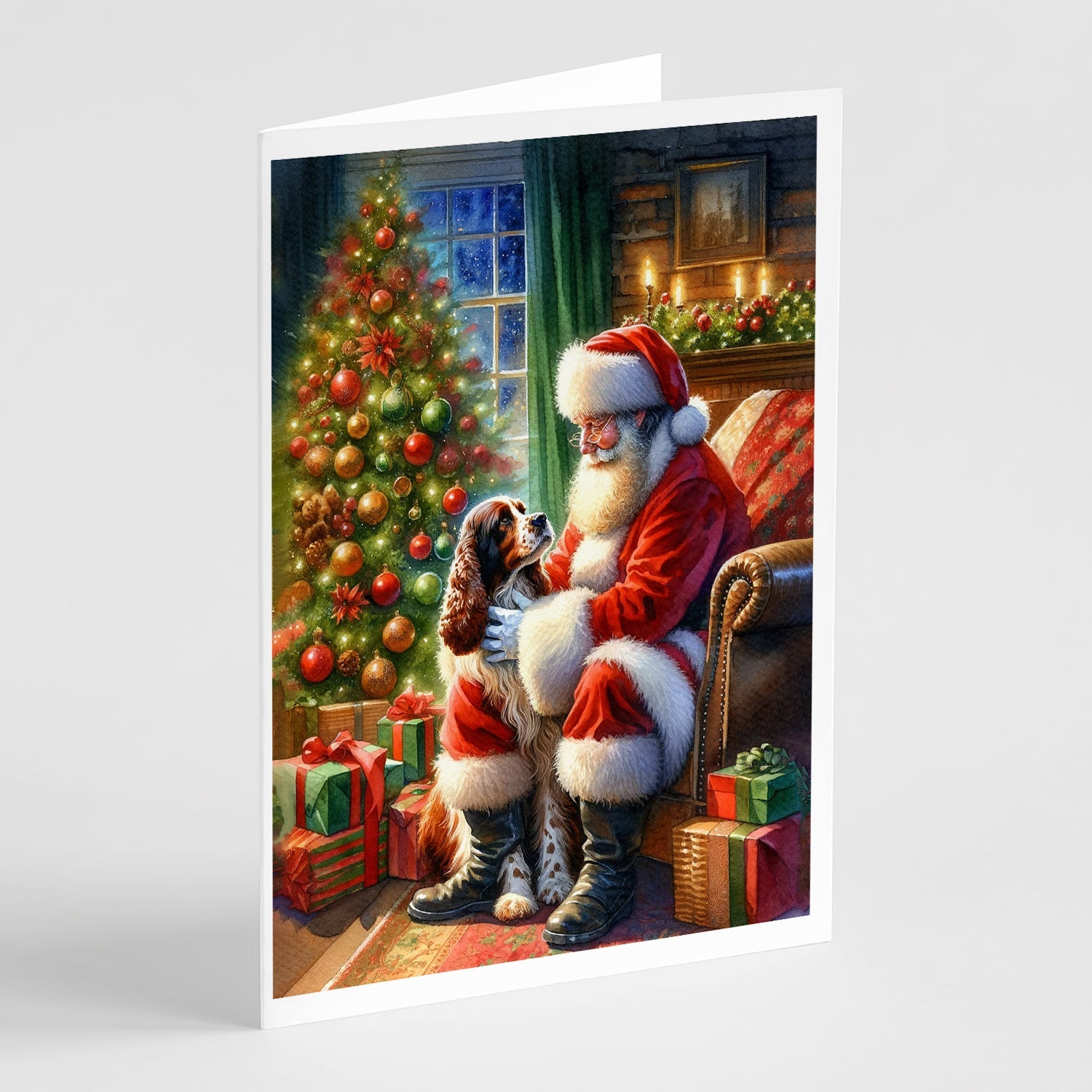 Welsh Springer Spaniel and Santa Claus Greeting Cards Pack of 8 Blank Cards with Envelopes Whimsical A7 Size 5x7