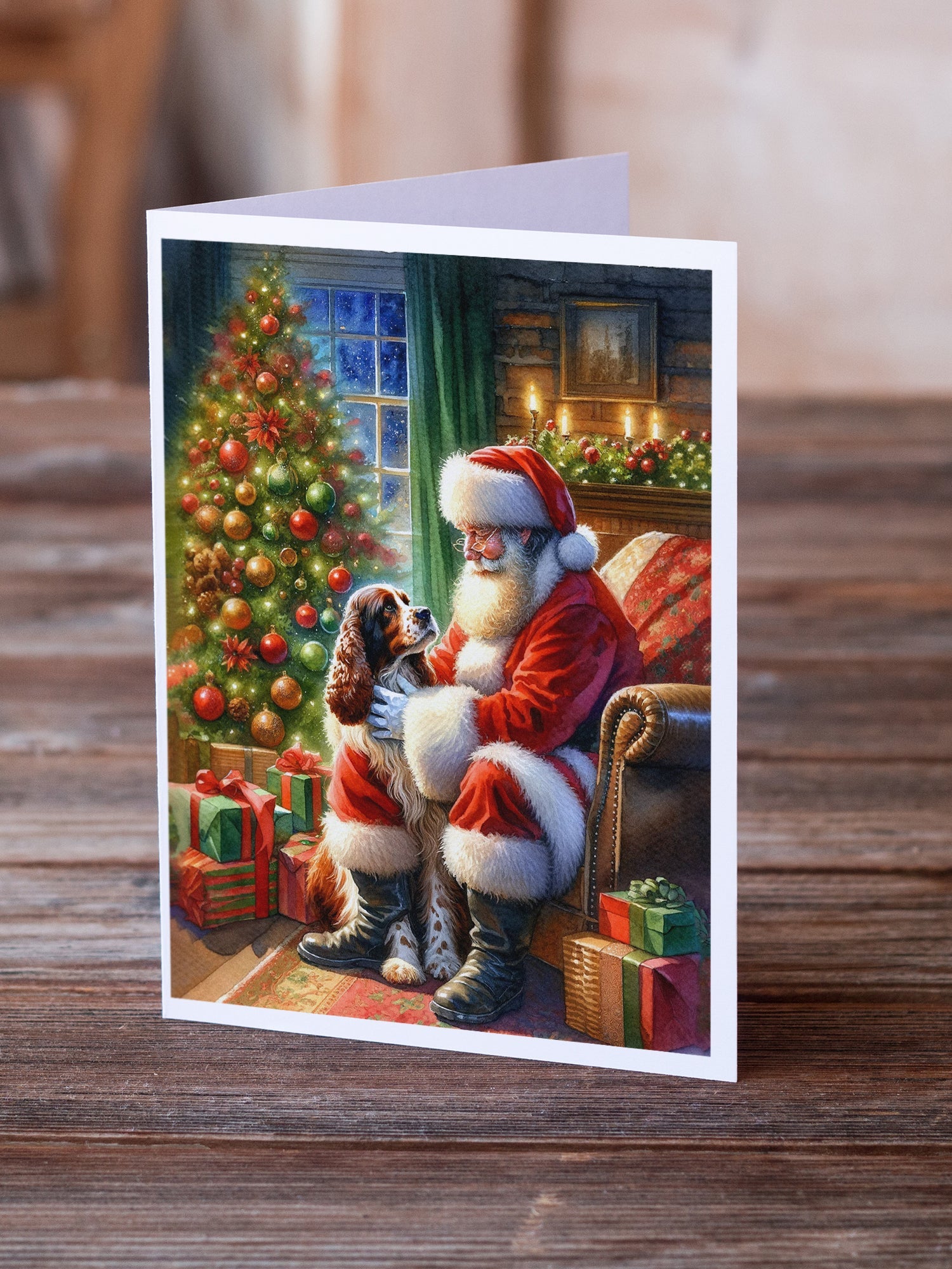 Welsh Springer Spaniel and Santa Claus Greeting Cards Pack of 8 Blank Cards with Envelopes Whimsical A7 Size 5x7
