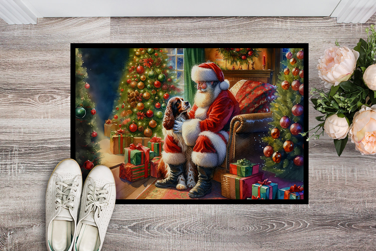 Welsh Springer Spaniel and Santa Claus Doormat Indoor Outdoor 24H X 36W Front Door Mat Rugs for Entryway, Non Slip Washable Low Pile,