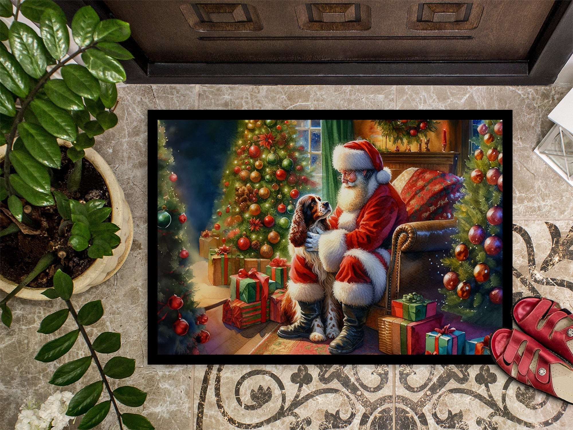 Welsh Springer Spaniel and Santa Claus Doormat Indoor Outdoor 24H X 36W Front Door Mat Rugs for Entryway, Non Slip Washable Low Pile,