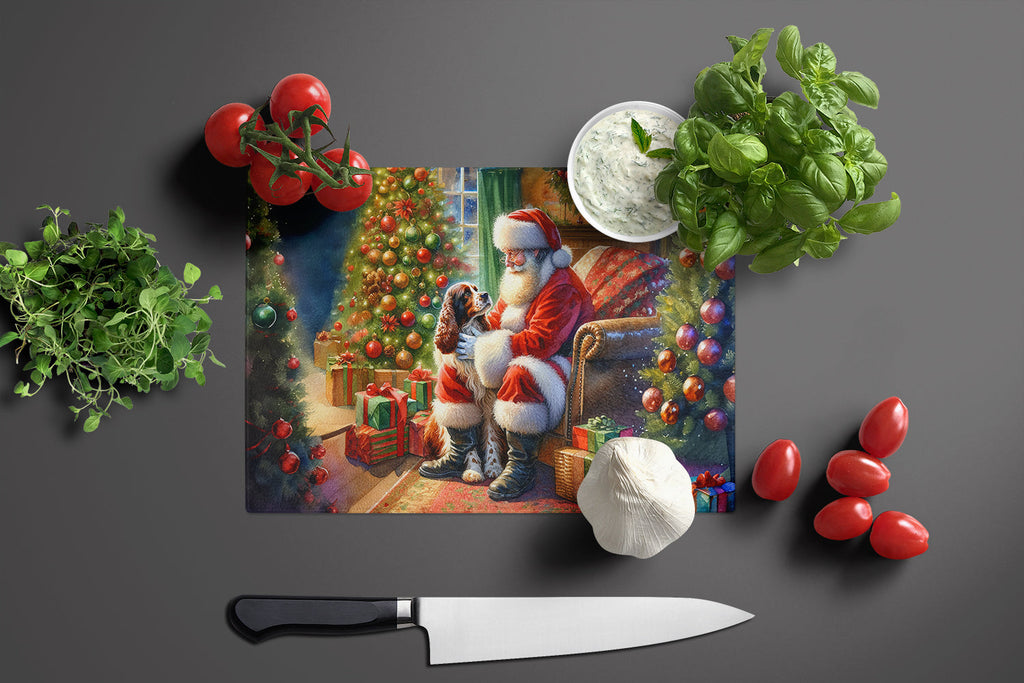 Welsh Springer Spaniel and Santa Claus Cutting Board Tempered Glass Kitchen Cutting Surface, Heat Resistant Chopping, Non-Slip Feet, Food Prep & Serving
