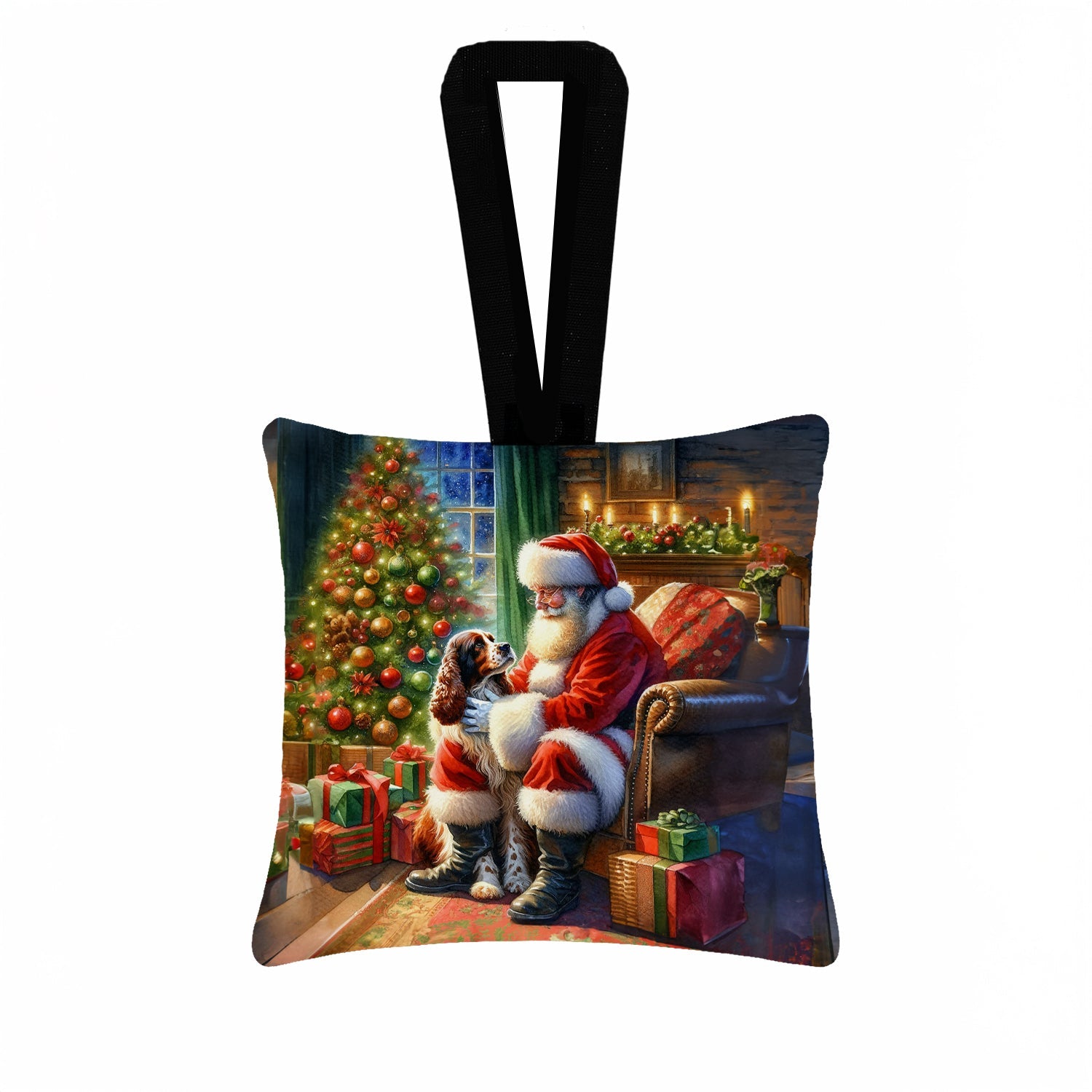 Welsh Springer Spaniel and Santa Claus Hanging Square Fabric Ornament 3.5 × 3.5 Decorative Door-Knob & Tree Hanger, Soft Fabric