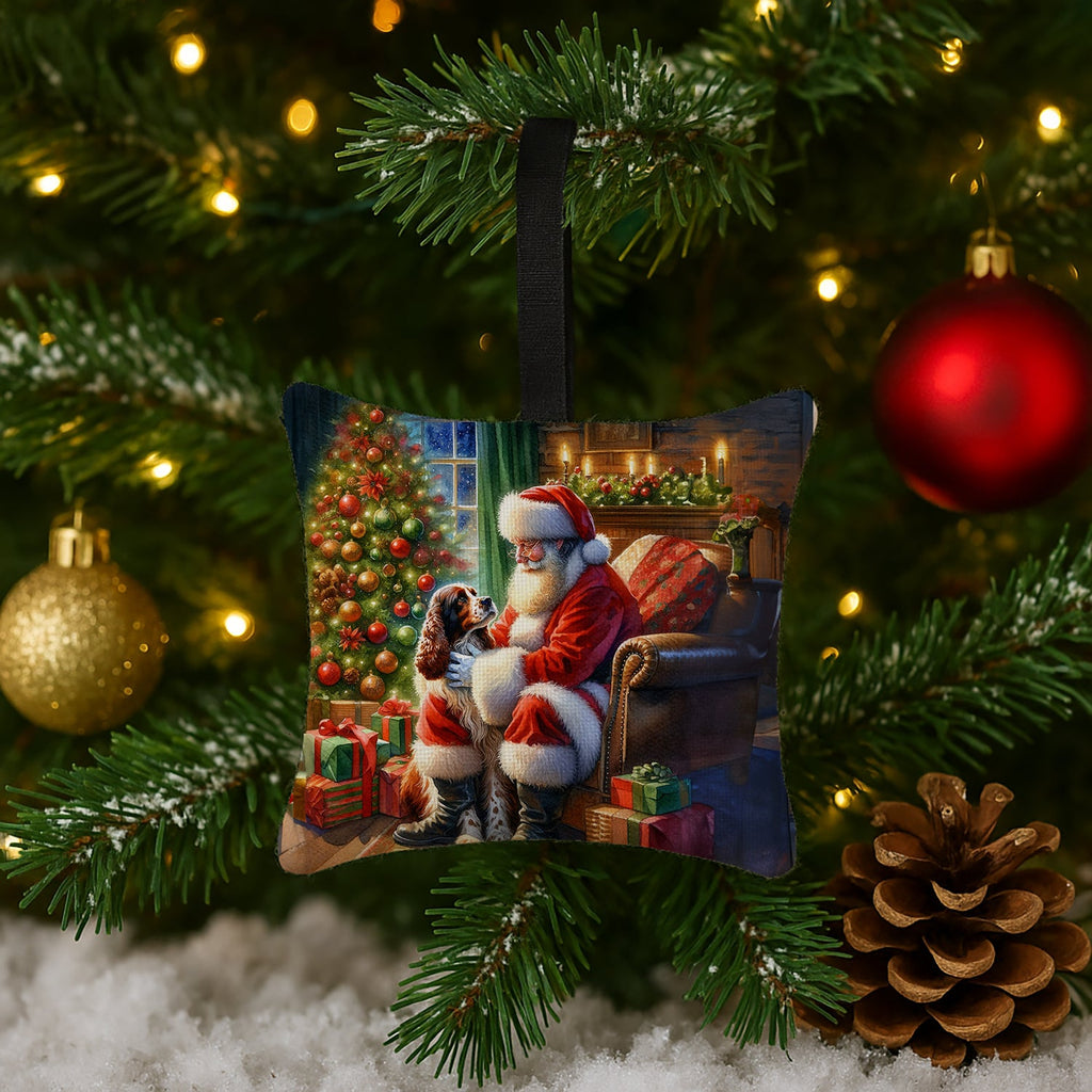 Welsh Springer Spaniel and Santa Claus Hanging Square Fabric Ornament 3.5 × 3.5 Decorative Door-Knob & Tree Hanger, Soft Fabric