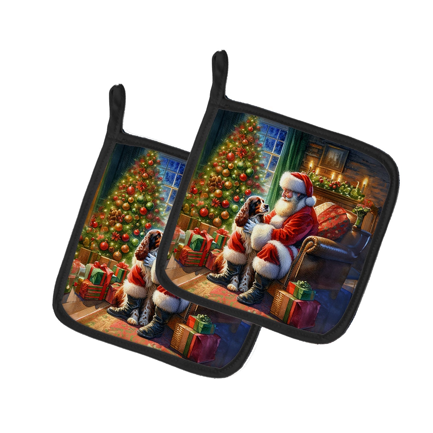 Welsh Springer Spaniel and Santa Claus Pot Holder Set of 2 Heat Resistant Quilted Hot Pads 7.5 x 7.5 Inch, Insulated Kitchen Trivets for Cooking & Baking