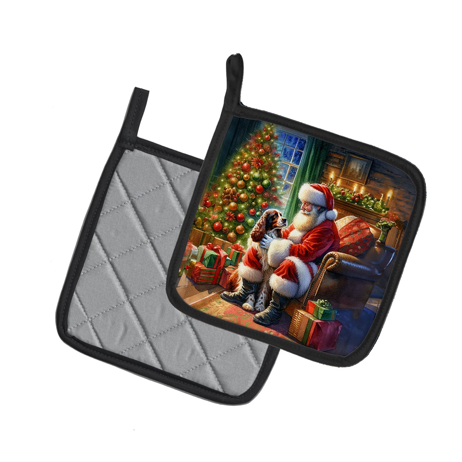 Welsh Springer Spaniel and Santa Claus Pot Holder Set of 2 Heat Resistant Quilted Hot Pads 7.5 x 7.5 Inch, Insulated Kitchen Trivets for Cooking & Baking