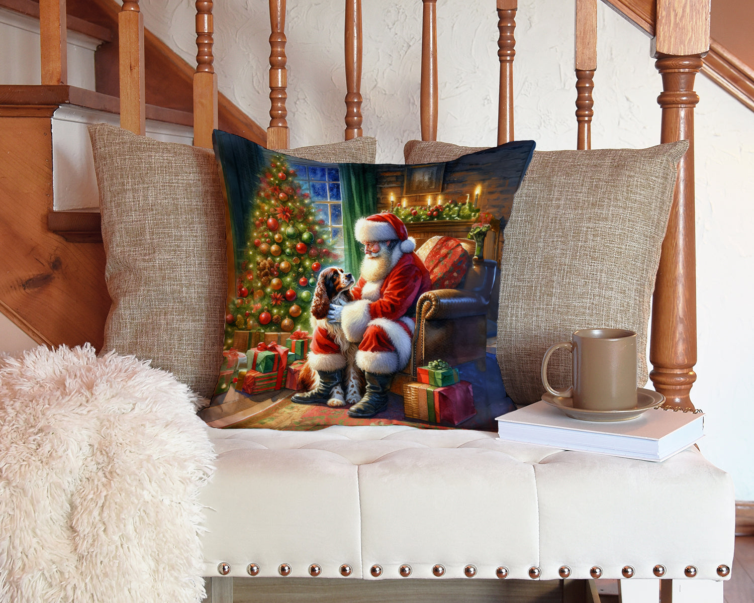 Welsh Springer Spaniel and Santa Claus Decorative Throw Pillow 14x14 Indoor Outdoor Accent Cushion, Fabric Cover with Insert for Sofa, Bed, Porch & Living Room