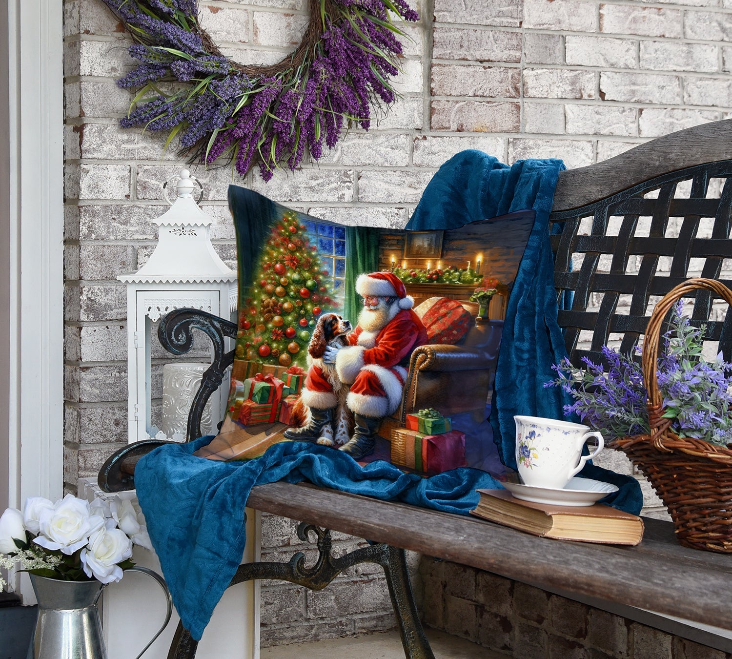 Welsh Springer Spaniel and Santa Claus Decorative Throw Pillow 18x18 Indoor Outdoor Accent Cushion, Fabric Cover with Insert for Sofa, Bed, Porch & Living Room