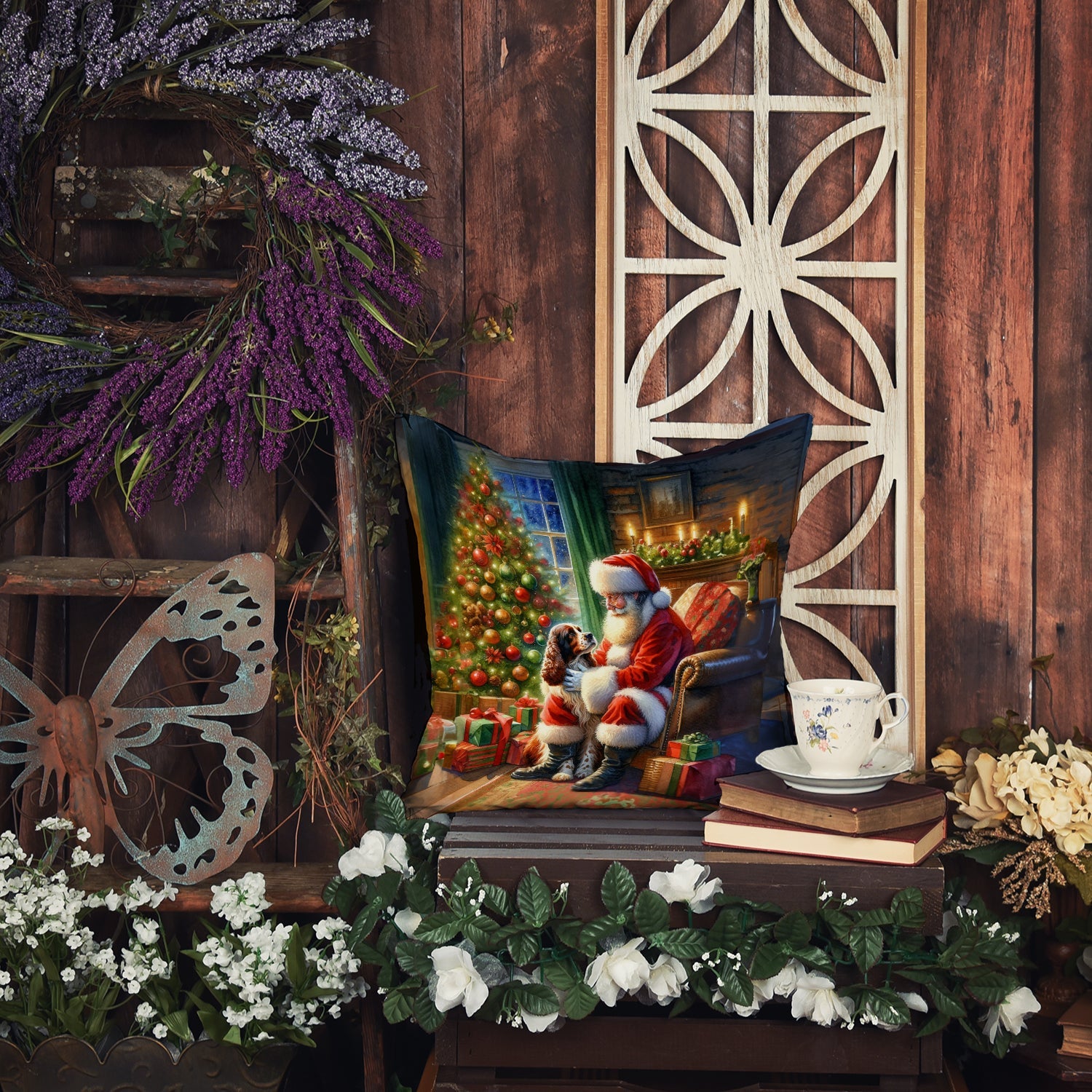 Welsh Springer Spaniel and Santa Claus Decorative Throw Pillow 18x18 Indoor Outdoor Accent Cushion, Fabric Cover with Insert for Sofa, Bed, Porch & Living Room