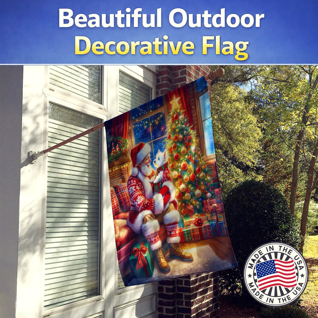 Westie and Santa Claus House Flag 28x40 Porch Sleeve Pole Decorative Outside Yard Banner Artwork Wall Hanging, Polyester