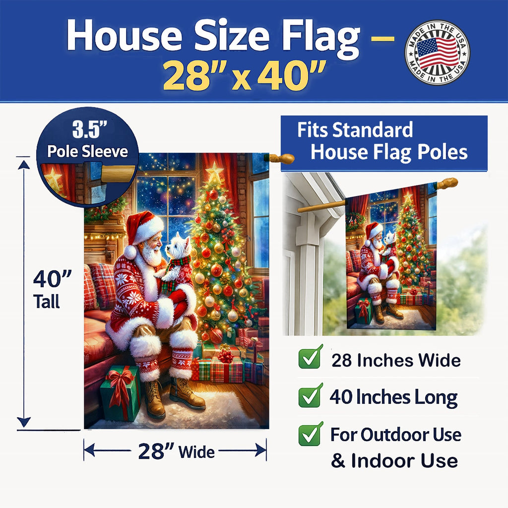 Westie and Santa Claus House Flag 28x40 Porch Sleeve Pole Decorative Outside Yard Banner Artwork Wall Hanging, Polyester