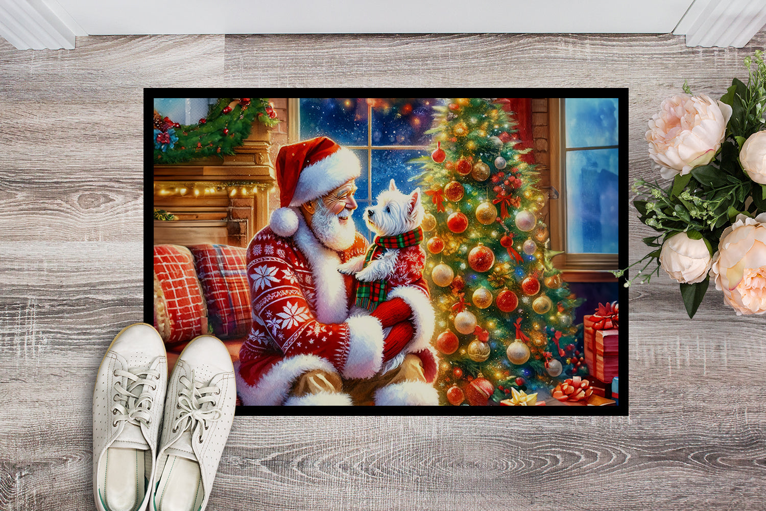 Westie and Santa Claus Doormat Indoor Outdoor 24H X 36W Front Door Mat Rugs for Entryway, Non Slip Washable Low Pile,
