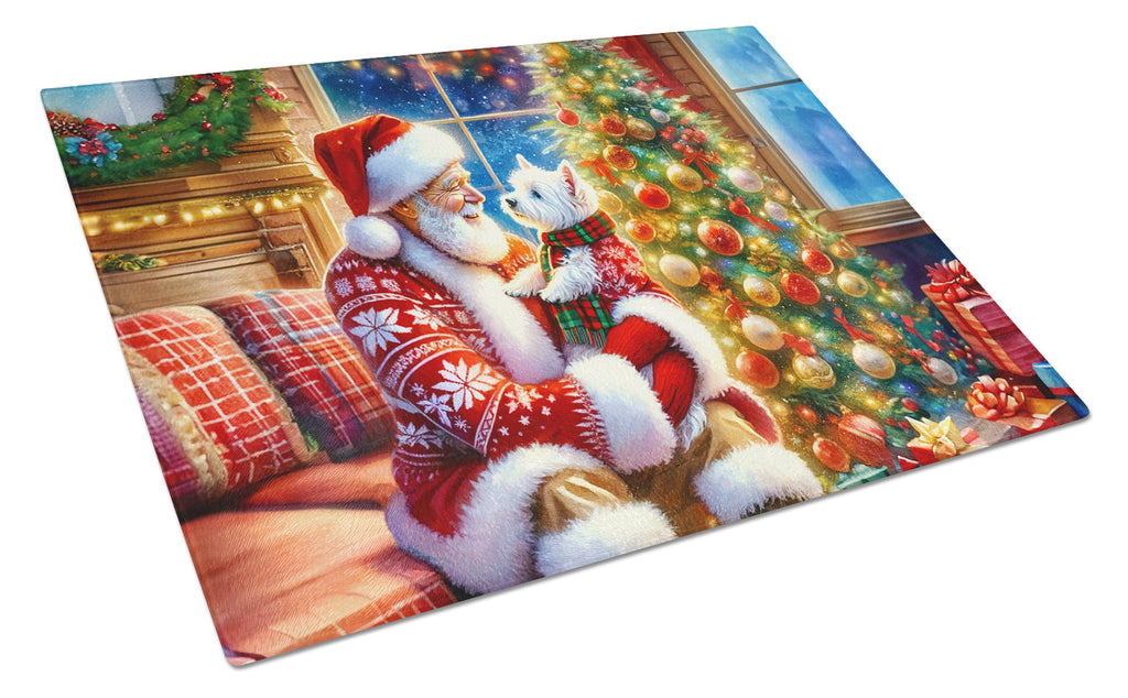 Westie and Santa Claus Cutting Board Tempered Glass Kitchen Cutting Surface, Heat Resistant Chopping, Non-Slip Feet, Food Prep & Serving