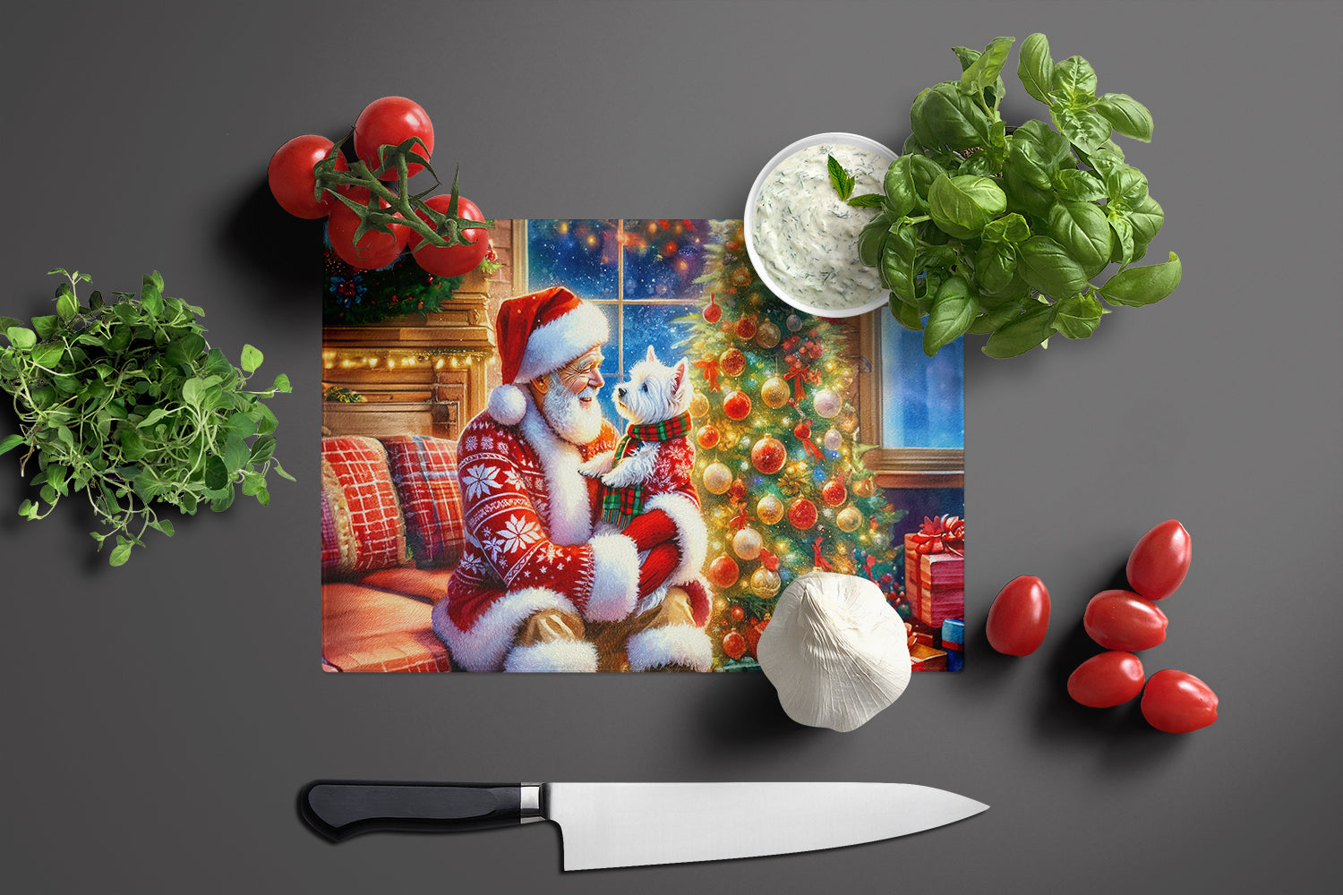 Westie and Santa Claus Cutting Board Tempered Glass Kitchen Cutting Surface, Heat Resistant Chopping, Non-Slip Feet, Food Prep & Serving