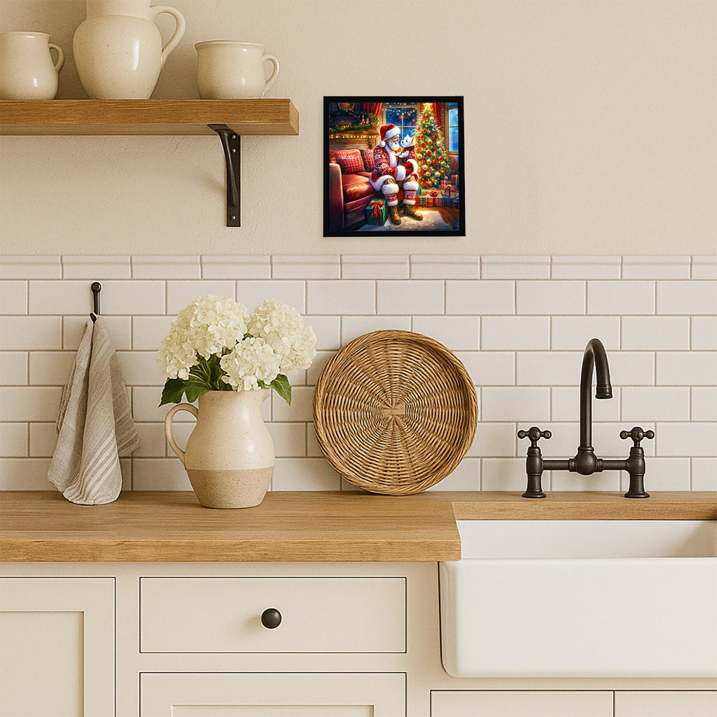 Westie and Santa Claus Framed Metal Print Bathroom, Kitchen, Office, Home Decor Wall Art Ready to Hang, Square, 8X8