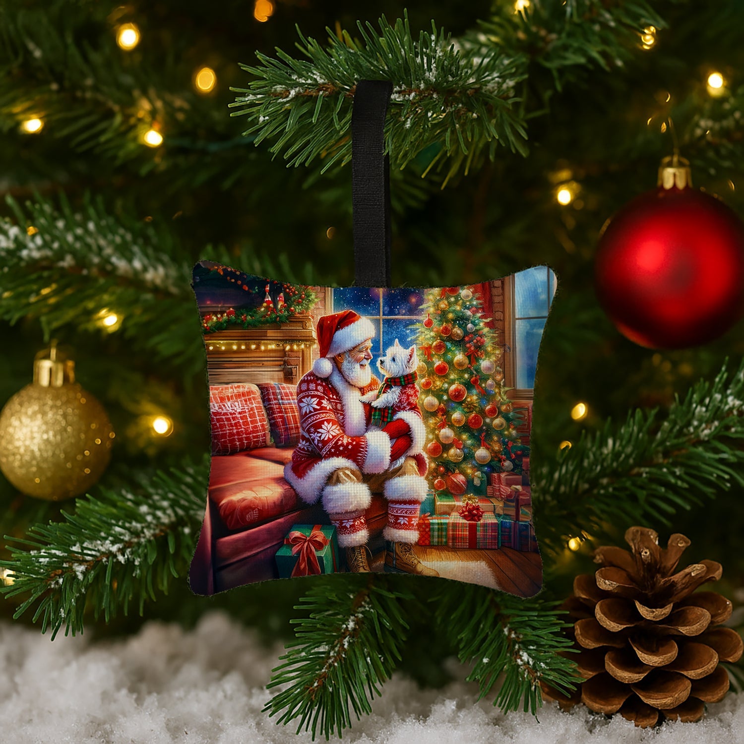 Westie and Santa Claus Hanging Square Fabric Ornament 3.5 × 3.5 Decorative Door-Knob & Tree Hanger, Soft Fabric