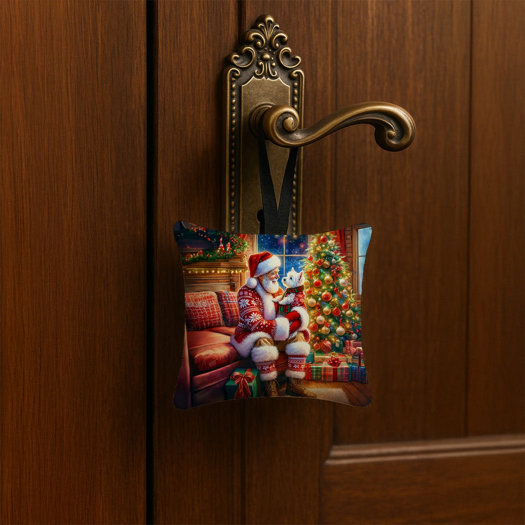 Westie and Santa Claus Hanging Square Fabric Ornament 3.5 × 3.5 Decorative Door-Knob & Tree Hanger, Soft Fabric