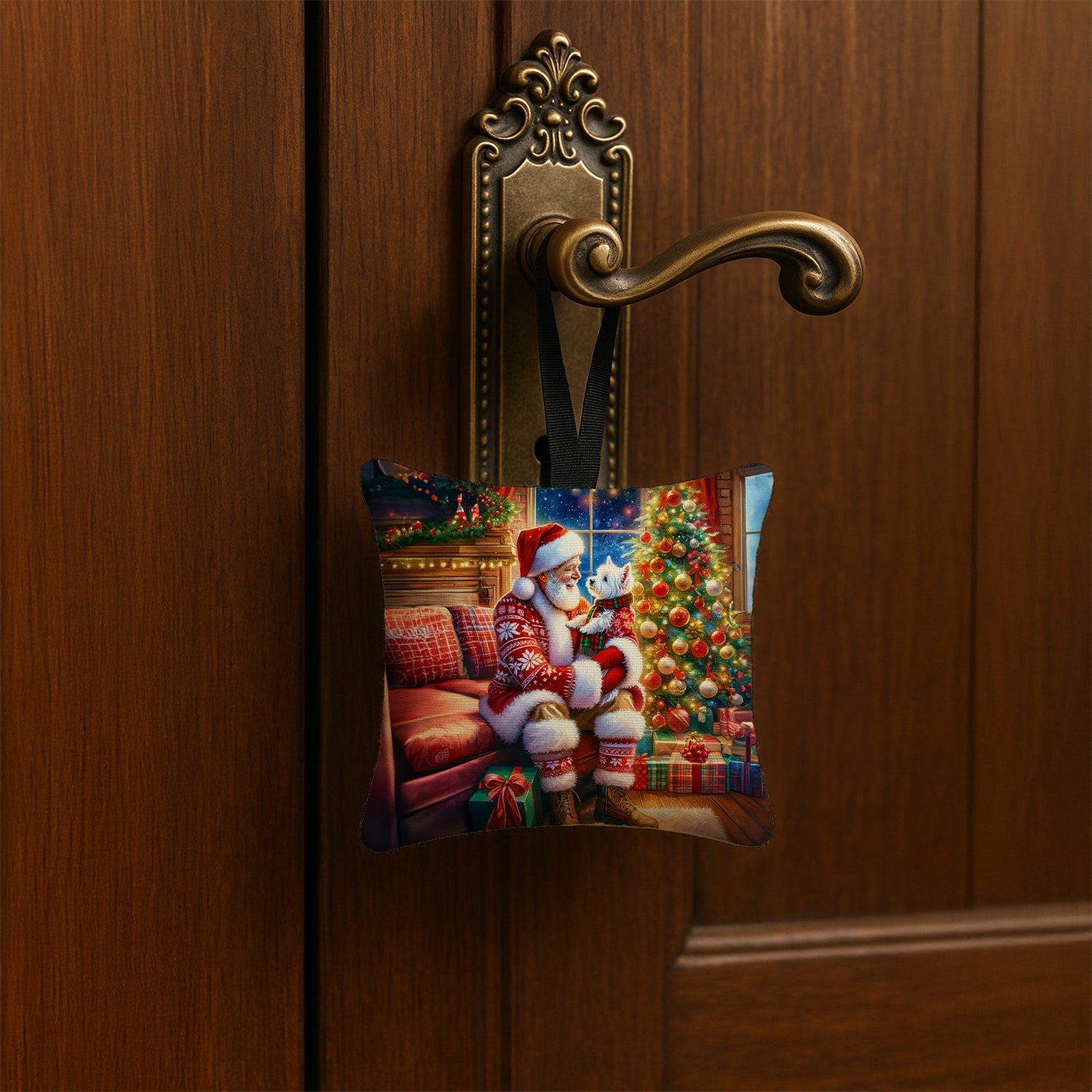 Westie and Santa Claus Hanging Square Fabric Ornament 3.5 × 3.5 Decorative Door-Knob & Tree Hanger, Soft Fabric