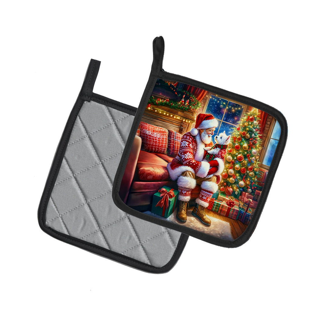 Westie and Santa Claus Pot Holder Set of 2 Heat Resistant Quilted Hot Pads 7.5 x 7.5 Inch, Insulated Kitchen Trivets for Cooking & Baking