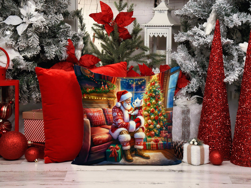 Westie and Santa Claus Decorative Throw Pillow 14x14 Indoor Outdoor Accent Cushion, Fabric Cover with Insert for Sofa, Bed, Porch & Living Room