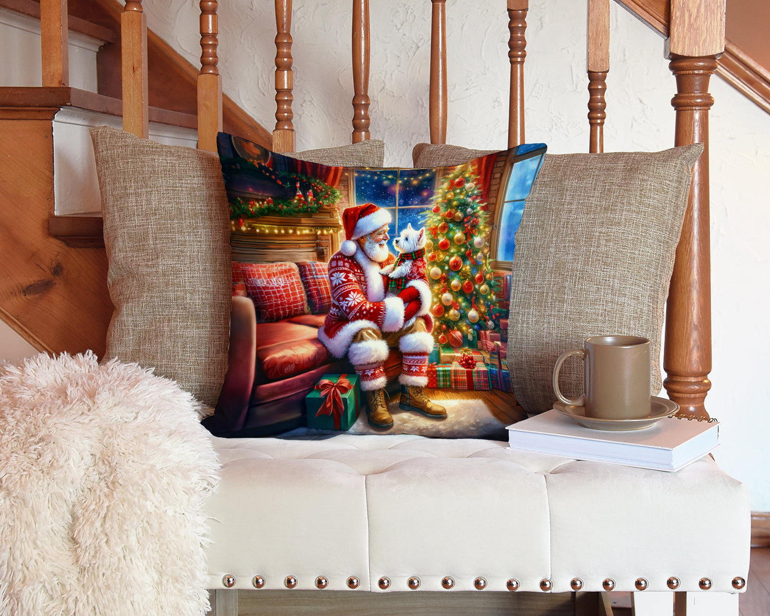 Westie and Santa Claus Decorative Throw Pillow 14x14 Indoor Outdoor Accent Cushion, Fabric Cover with Insert for Sofa, Bed, Porch & Living Room