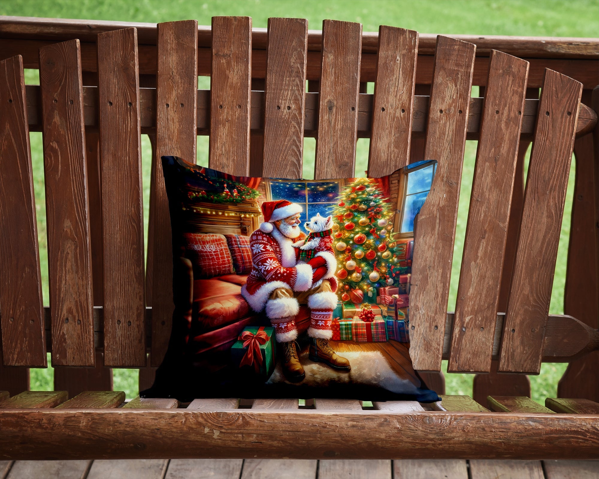 Westie and Santa Claus Decorative Throw Pillow 14x14 Indoor Outdoor Accent Cushion, Fabric Cover with Insert for Sofa, Bed, Porch & Living Room