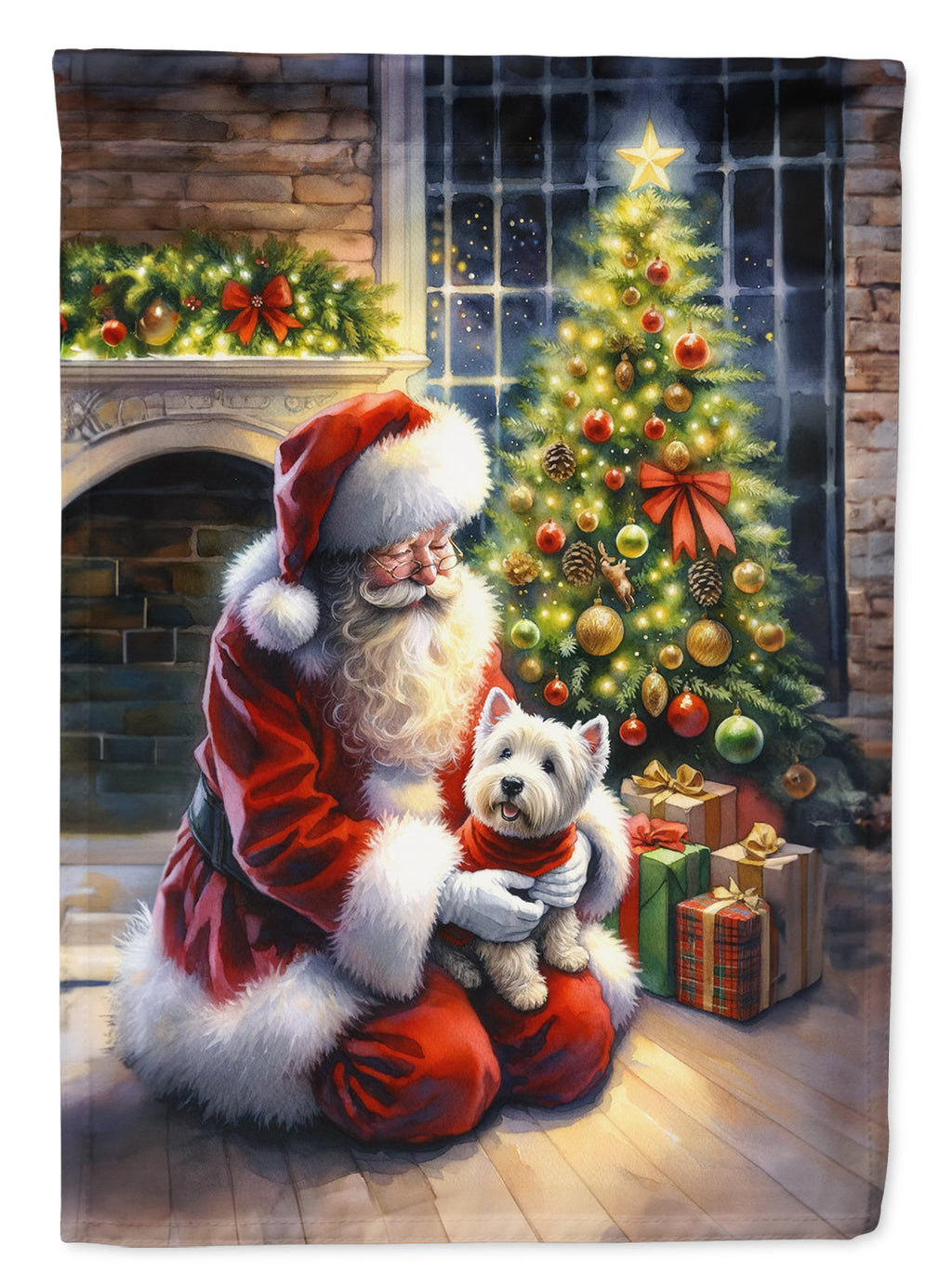 Westie and Santa Claus House Flag 28x40 Porch Sleeve Pole Decorative Outside Yard Banner Artwork Wall Hanging, Polyester