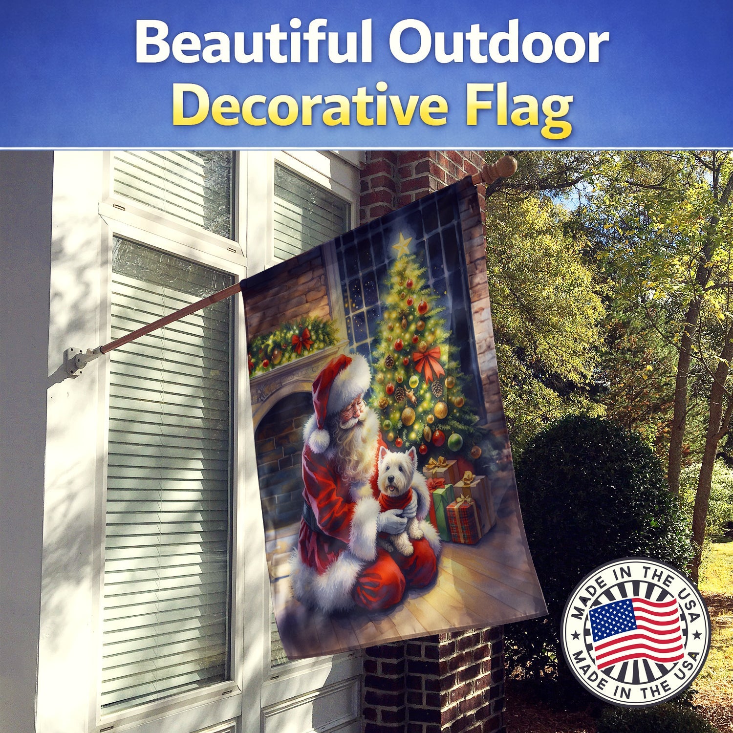 Westie and Santa Claus House Flag 28x40 Porch Sleeve Pole Decorative Outside Yard Banner Artwork Wall Hanging, Polyester