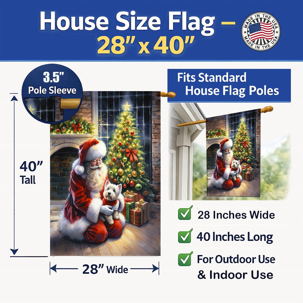 Westie and Santa Claus House Flag 28x40 Porch Sleeve Pole Decorative Outside Yard Banner Artwork Wall Hanging, Polyester