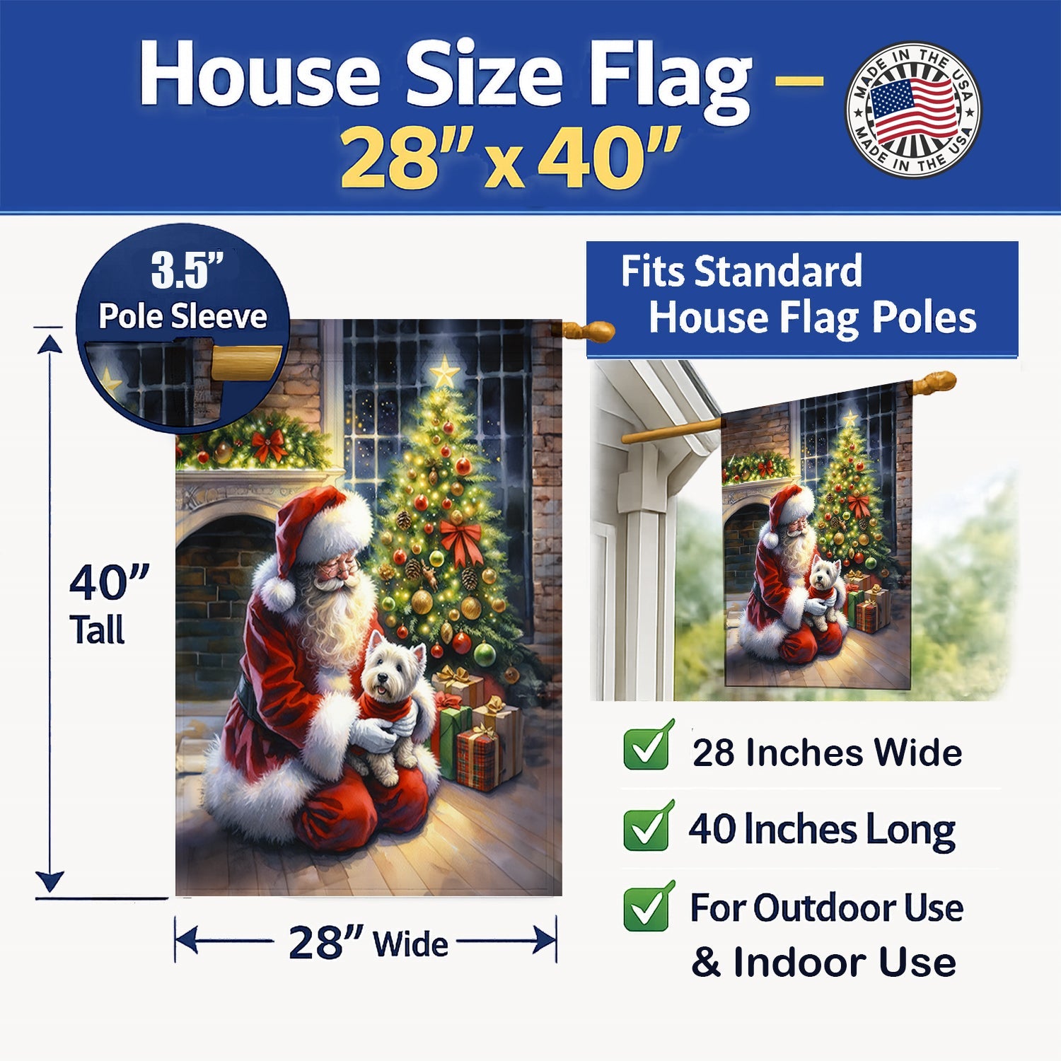 Westie and Santa Claus House Flag 28x40 Porch Sleeve Pole Decorative Outside Yard Banner Artwork Wall Hanging, Polyester