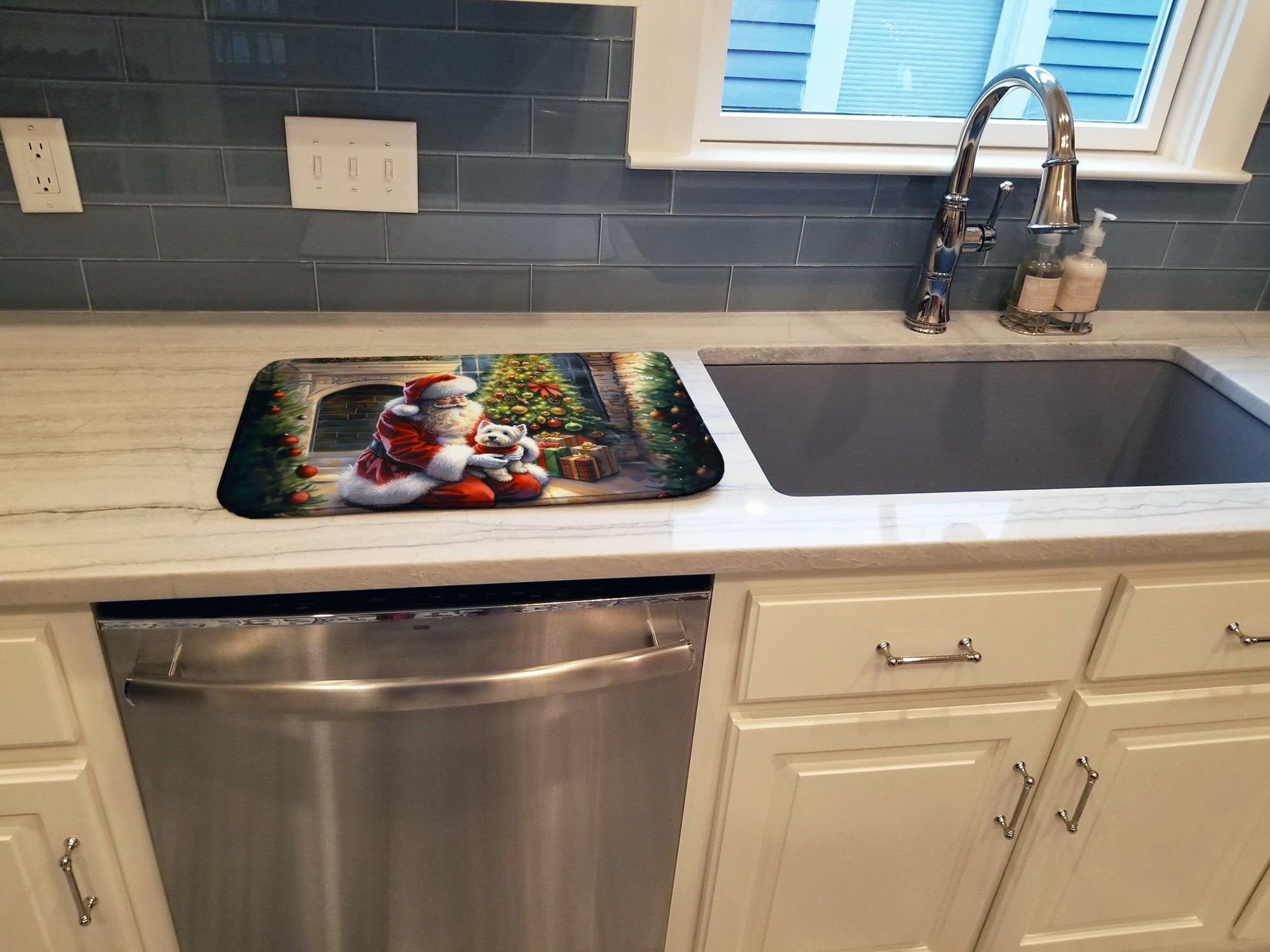 Westie and Santa Claus Dish Drying Mat Absorbent Dish Drying Mat Pad for Kitchen Counter Dish Drainer Mat for Countertop, 14 x 21", Multicolor