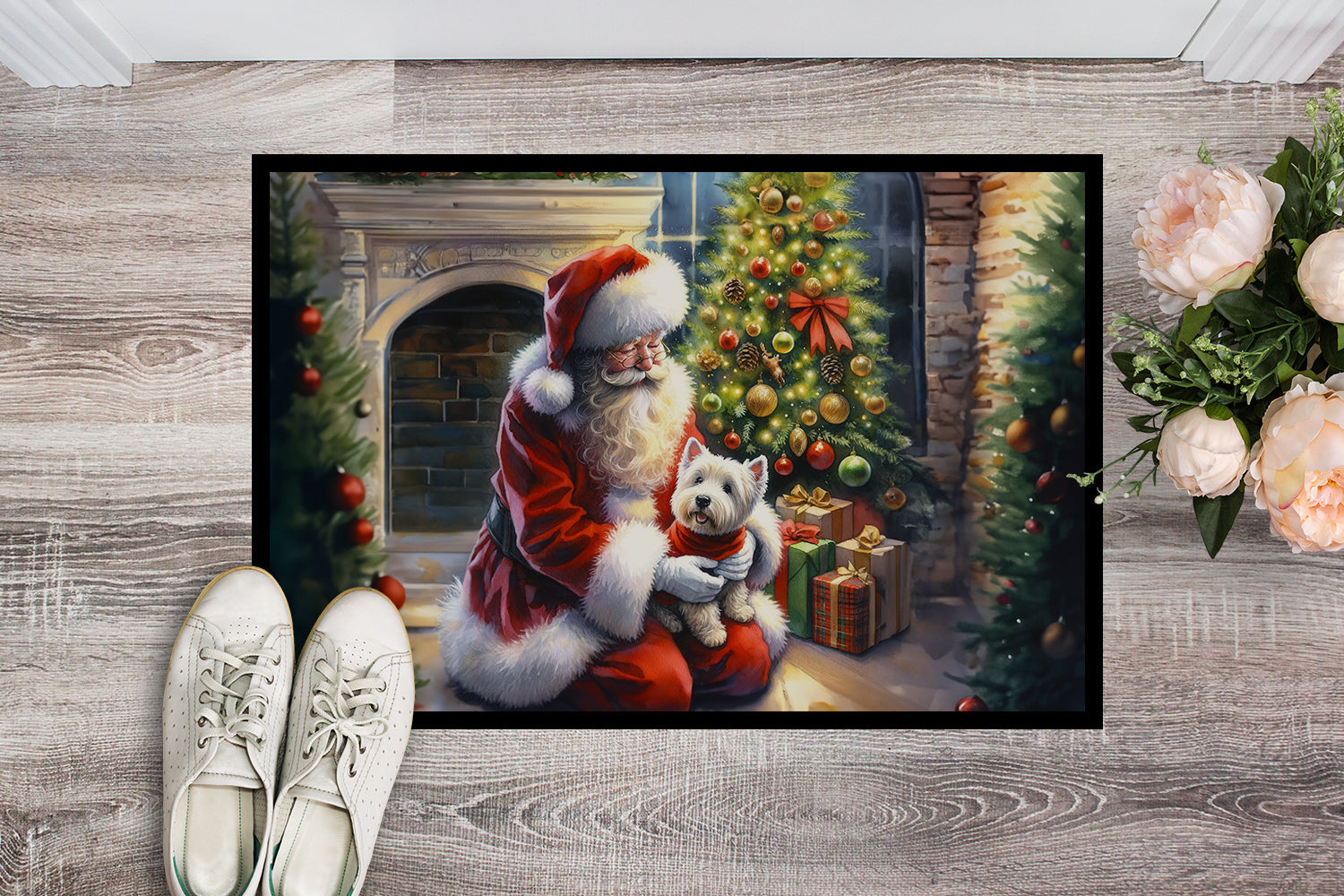 Westie and Santa Claus Doormat Indoor Outdoor 24H X 36W Front Door Mat Rugs for Entryway, Non Slip Washable Low Pile,