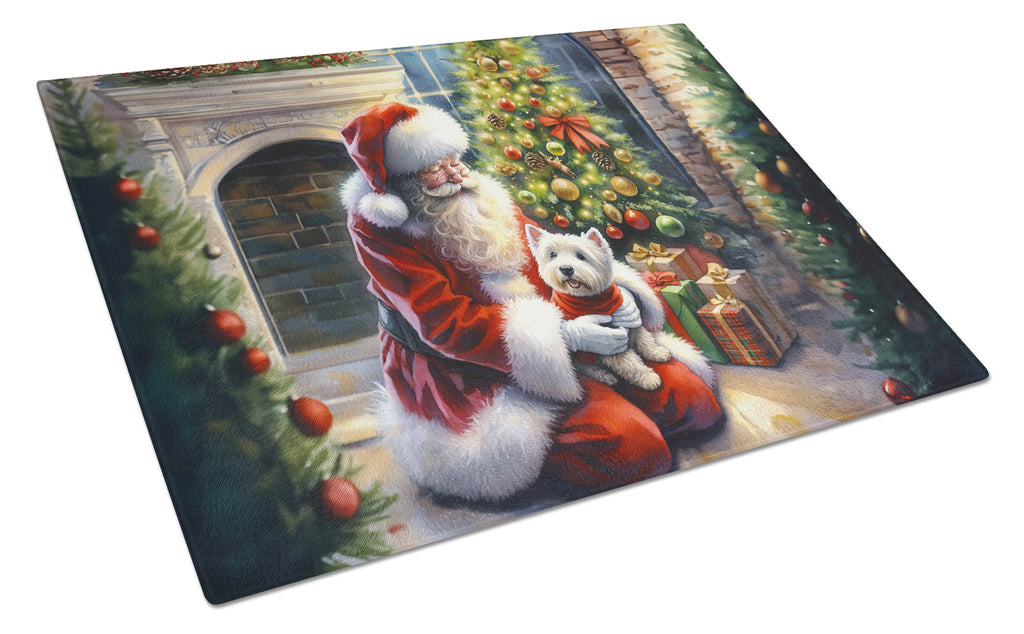 Westie and Santa Claus Cutting Board Tempered Glass Kitchen Cutting Surface, Heat Resistant Chopping, Non-Slip Feet, Food Prep & Serving