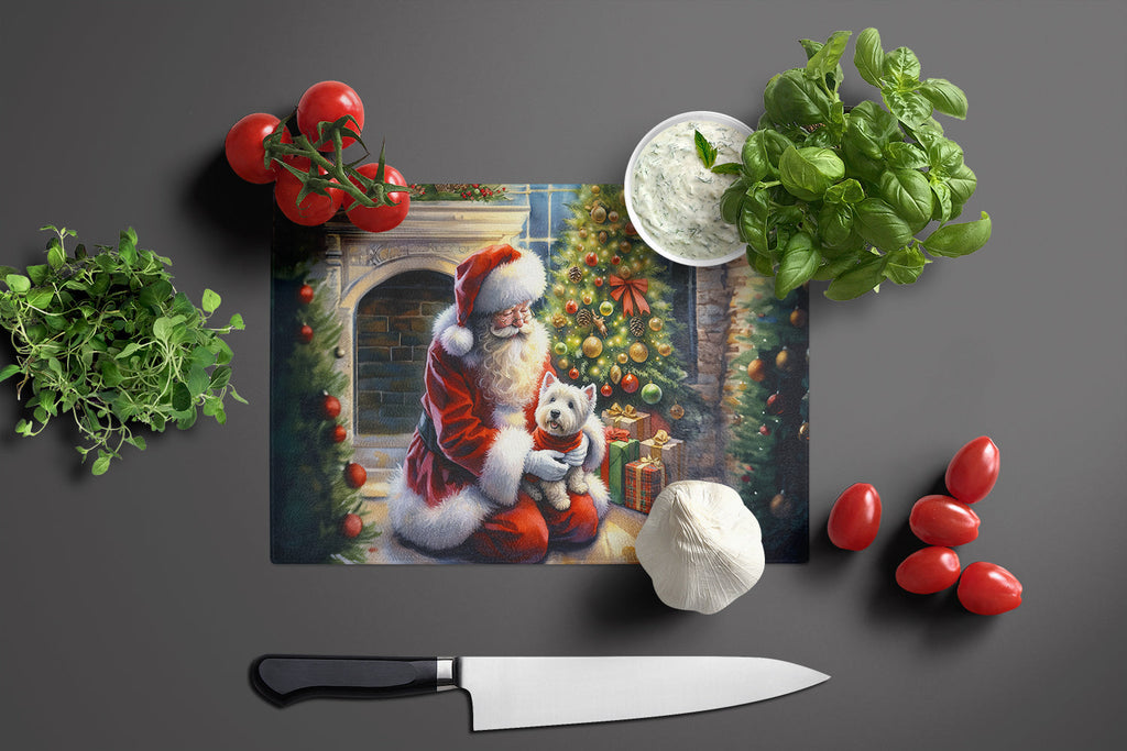 Westie and Santa Claus Cutting Board Tempered Glass Kitchen Cutting Surface, Heat Resistant Chopping, Non-Slip Feet, Food Prep & Serving
