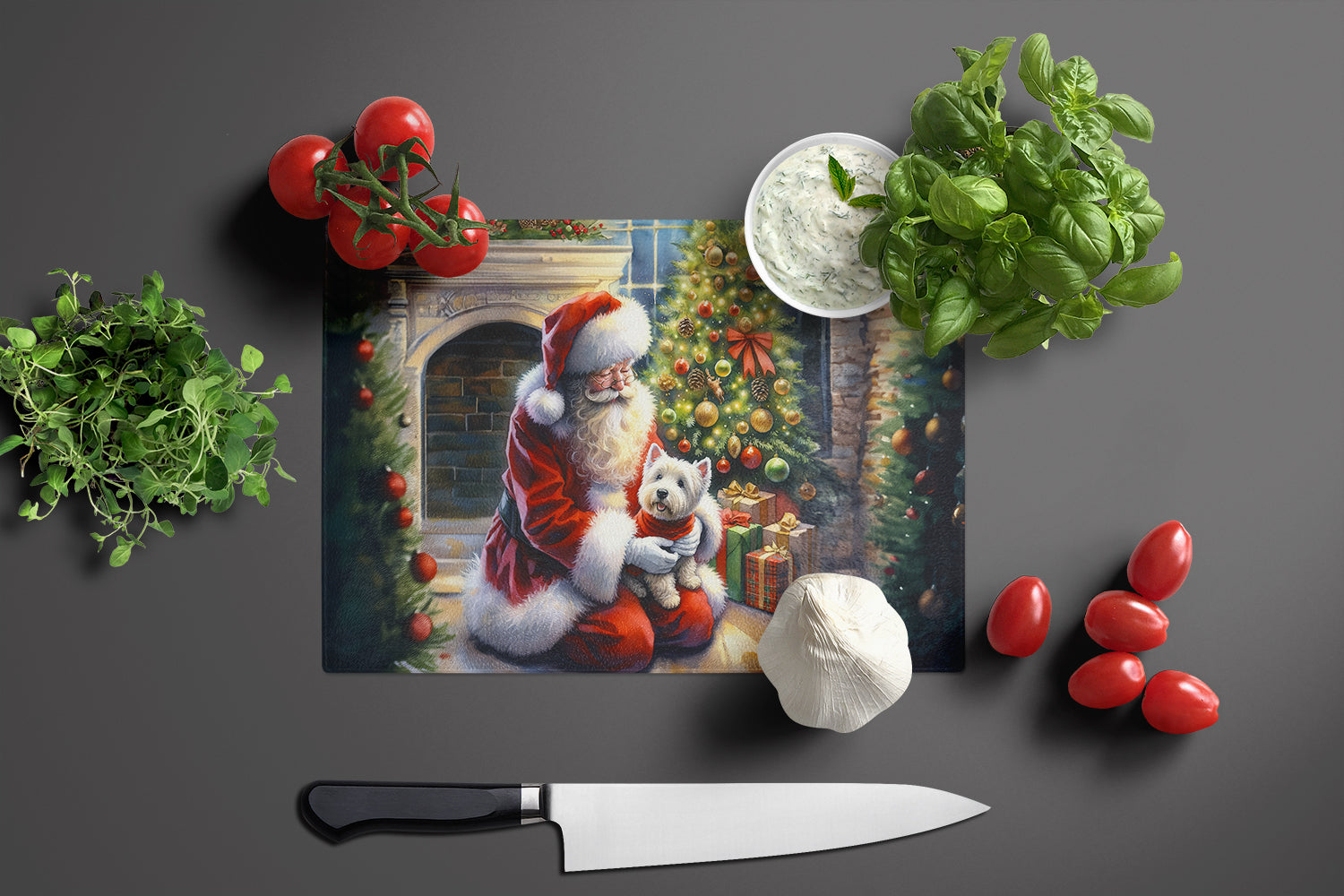Westie and Santa Claus Cutting Board Tempered Glass Kitchen Cutting Surface, Heat Resistant Chopping, Non-Slip Feet, Food Prep & Serving