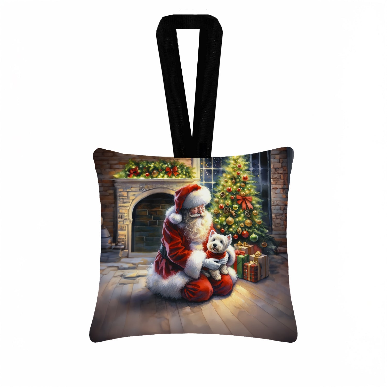 Westie and Santa Claus Hanging Square Fabric Ornament 3.5 × 3.5 Decorative Door-Knob & Tree Hanger, Soft Fabric
