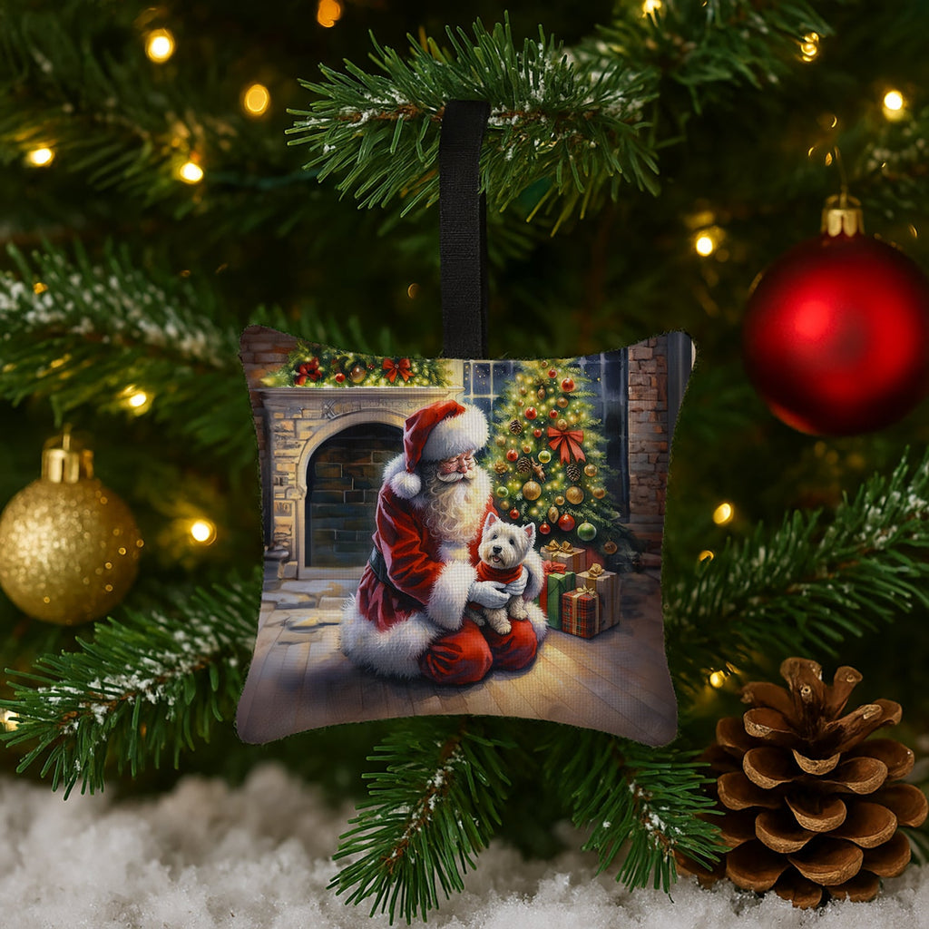 Westie and Santa Claus Hanging Square Fabric Ornament 3.5 × 3.5 Decorative Door-Knob & Tree Hanger, Soft Fabric