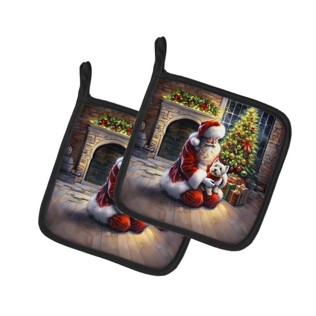 Westie and Santa Claus Pot Holder Set of 2 Heat Resistant Quilted Hot Pads 7.5 x 7.5 Inch, Insulated Kitchen Trivets for Cooking & Baking