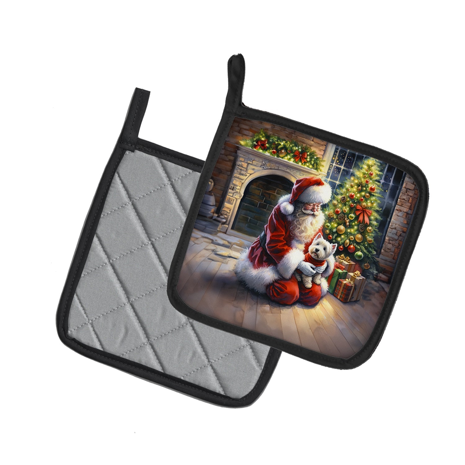 Westie and Santa Claus Pot Holder Set of 2 Heat Resistant Quilted Hot Pads 7.5 x 7.5 Inch, Insulated Kitchen Trivets for Cooking & Baking