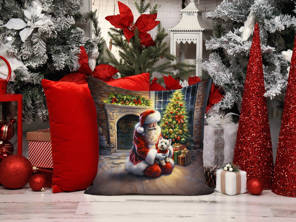Westie and Santa Claus Decorative Throw Pillow 14x14 Indoor Outdoor Accent Cushion, Fabric Cover with Insert for Sofa, Bed, Porch & Living Room