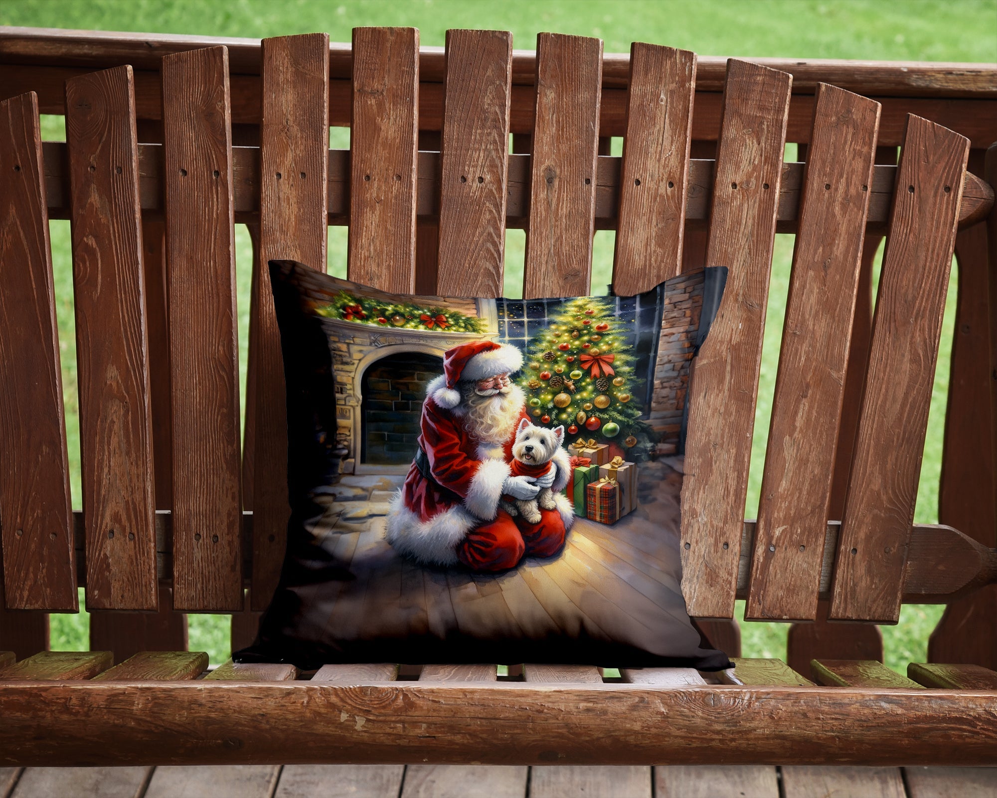 Westie and Santa Claus Decorative Throw Pillow 14x14 Indoor Outdoor Accent Cushion, Fabric Cover with Insert for Sofa, Bed, Porch & Living Room